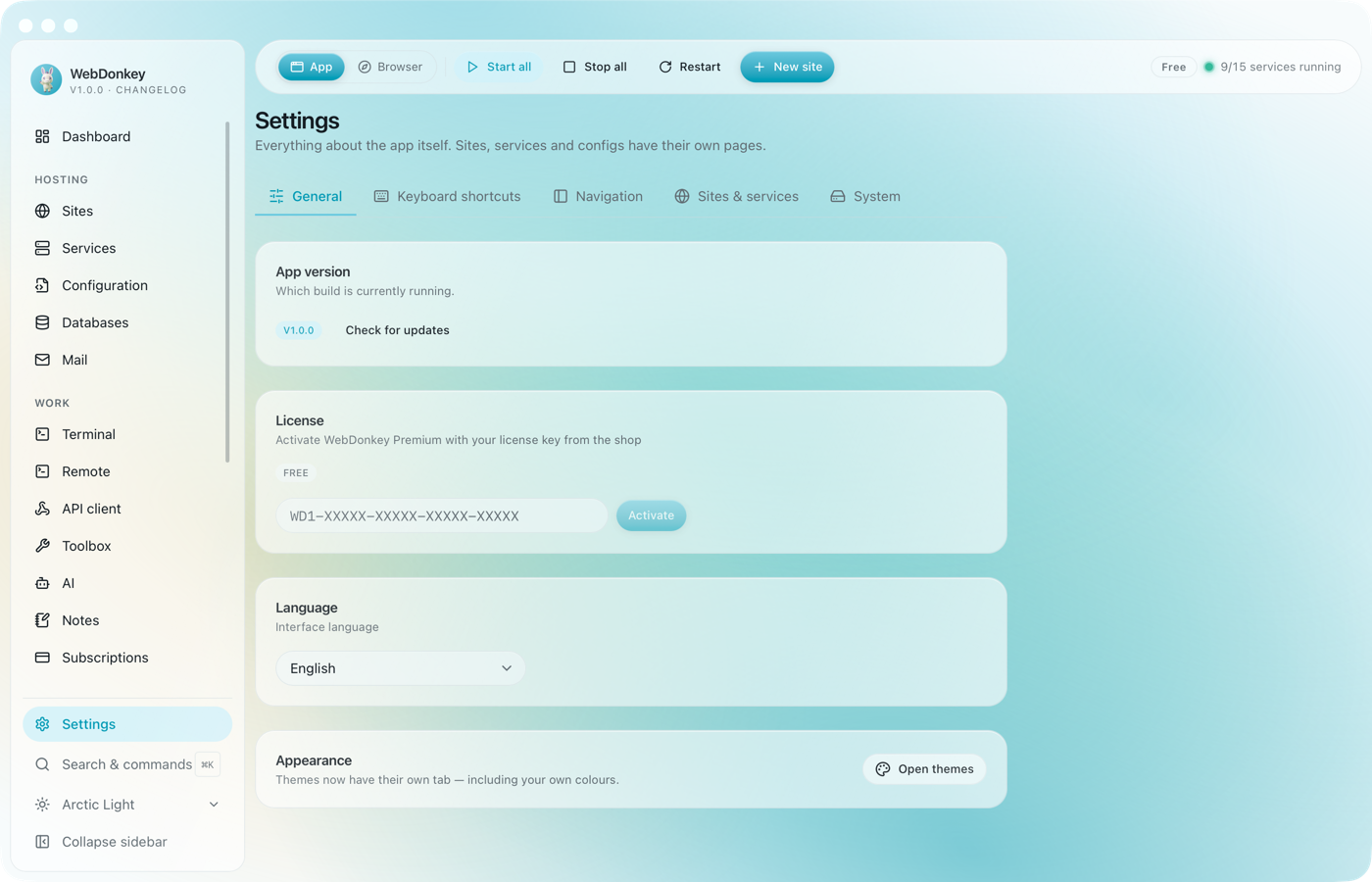 Licence panel in Settings with the key input field and the Activate button