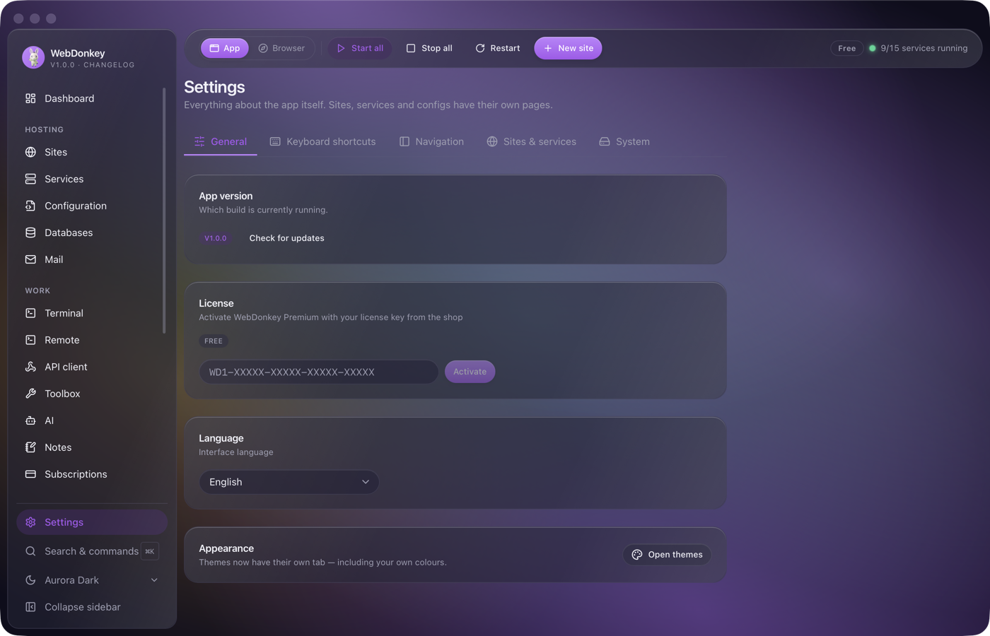 Licence panel in Settings with the key input field and the Activate button