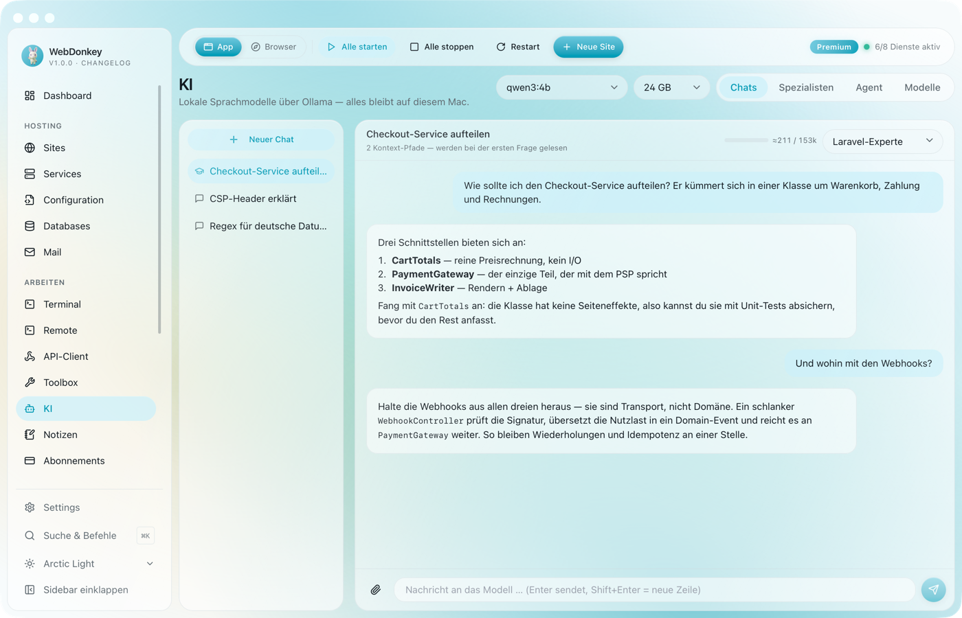 KI-Seite mit einem Chat über die Aufteilung eines Checkout-Services, Antwort mit nummerierten Vorschlägen