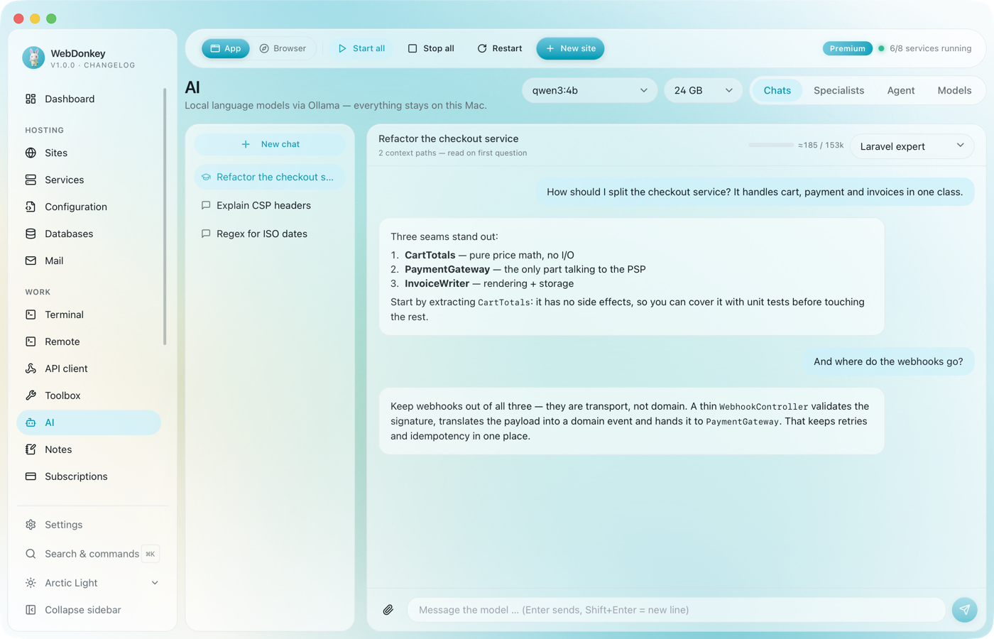 AI page with a chat about splitting a checkout service, the answer listing numbered suggestions