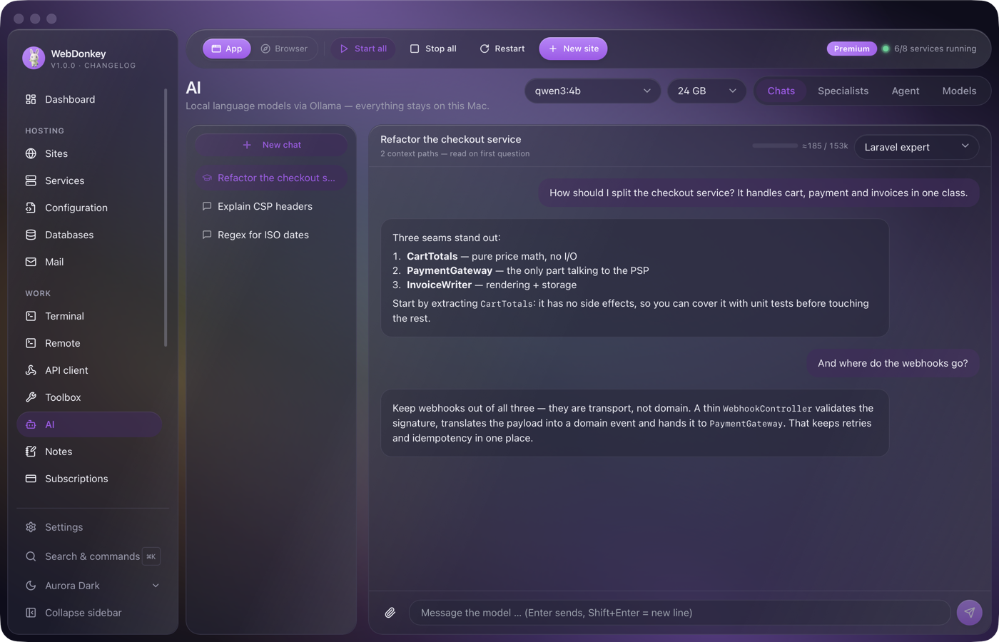 AI page with a chat about splitting a checkout service, the answer listing numbered suggestions