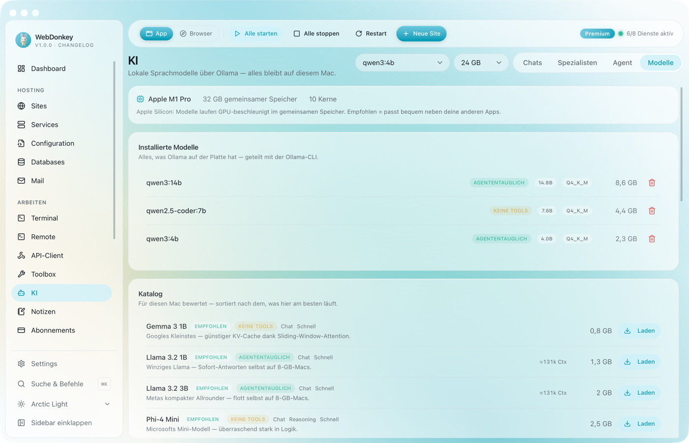 Modelle-Tab mit installierten und verfügbaren Modellen samt Größe und Eignung
