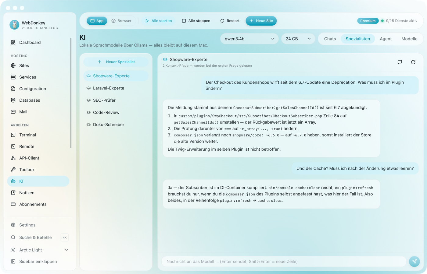 Spezialisten-Tab mit zwei Karten, je mit Name, Instruktionen und angehängten Pfaden