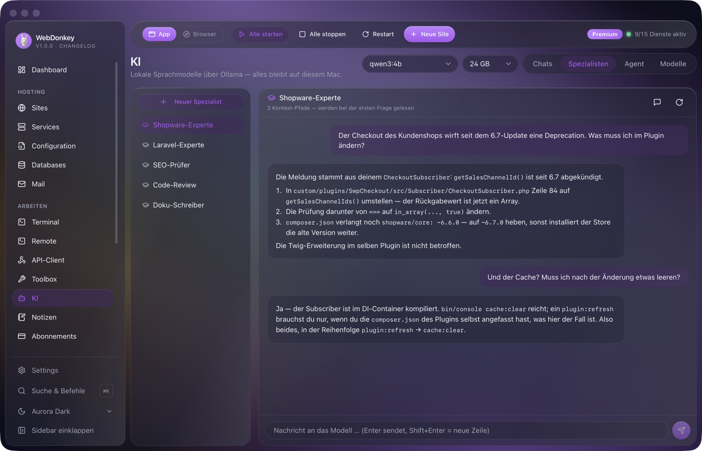 Spezialisten-Tab mit zwei Karten, je mit Name, Instruktionen und angehängten Pfaden