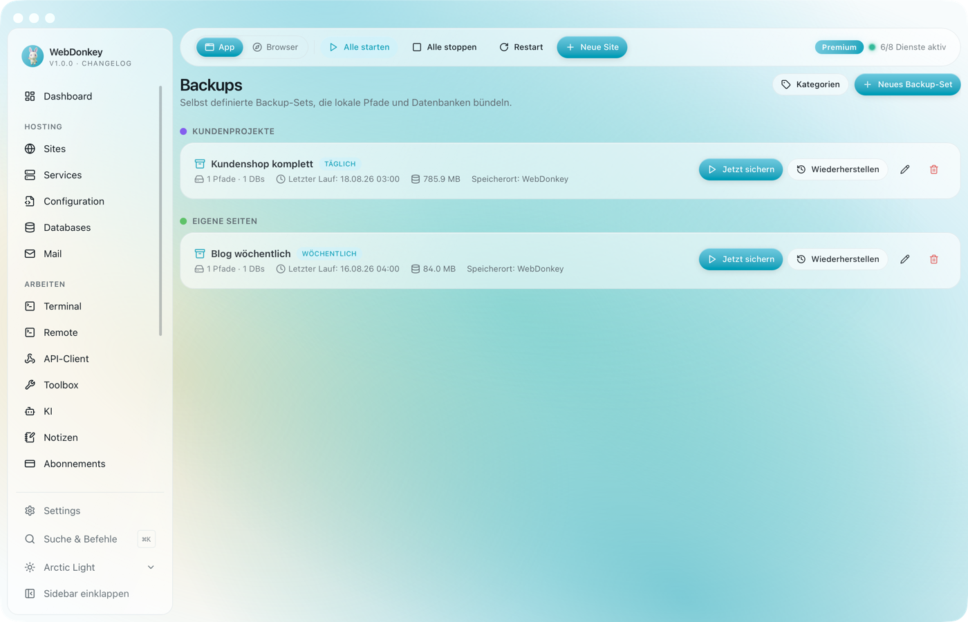Backup-Seite mit zwei Sets nach Kategorie, je mit Zeitplan, letztem Lauf und Gesamtgröße