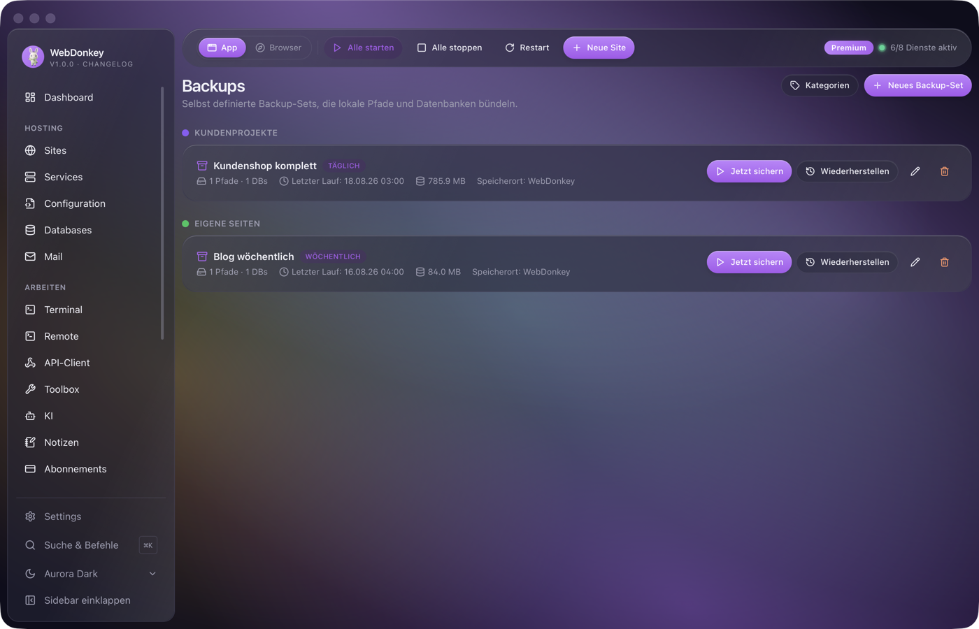 Backup-Seite mit zwei Sets nach Kategorie, je mit Zeitplan, letztem Lauf und Gesamtgröße