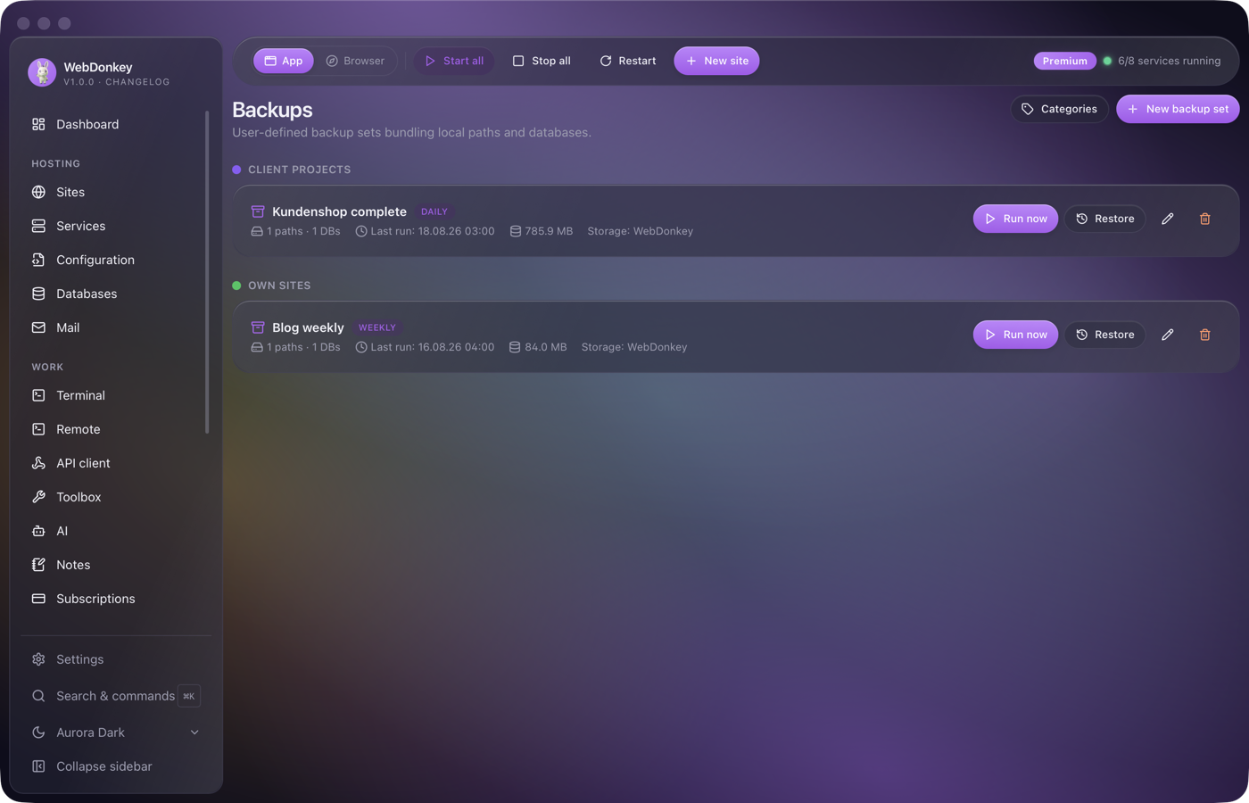 Backups page with two sets by category, each with schedule, last run and total size