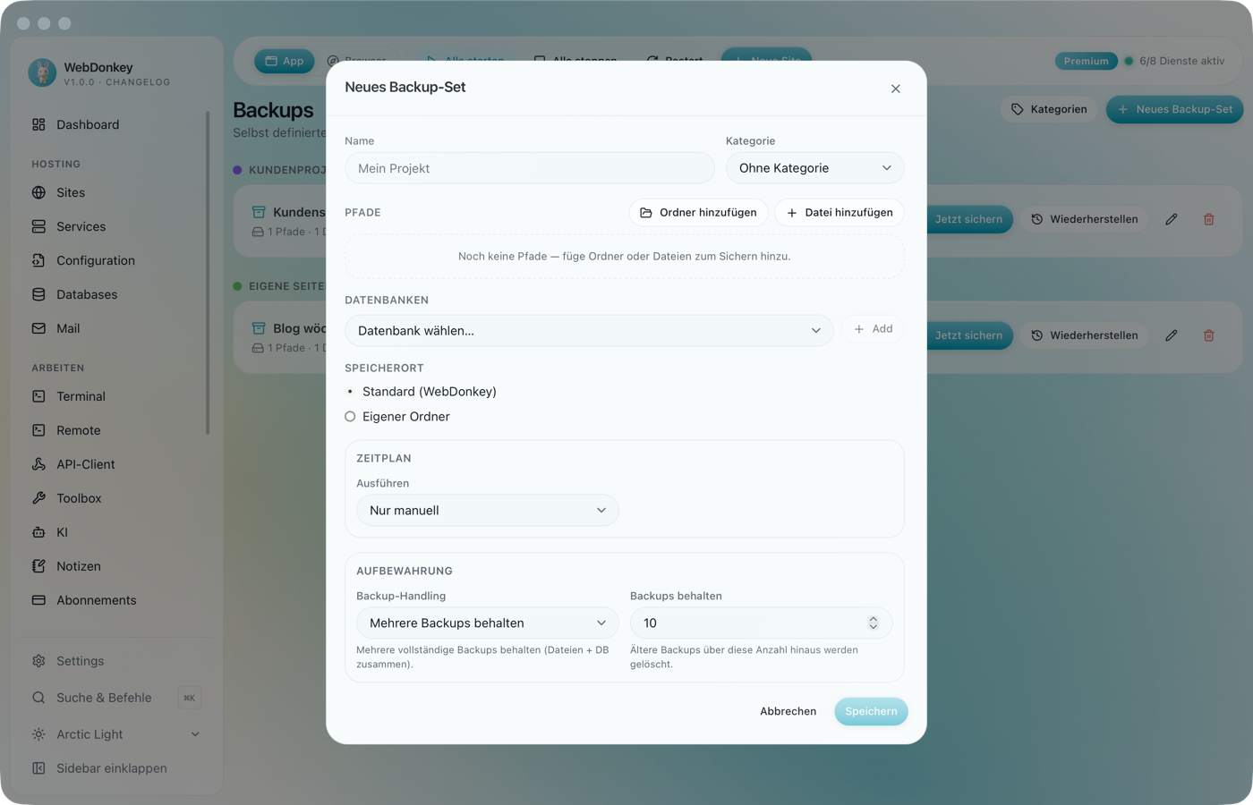 Dialog Neues Backup-Set mit Pfaden, Datenbank, Zeitplan und Aufbewahrung