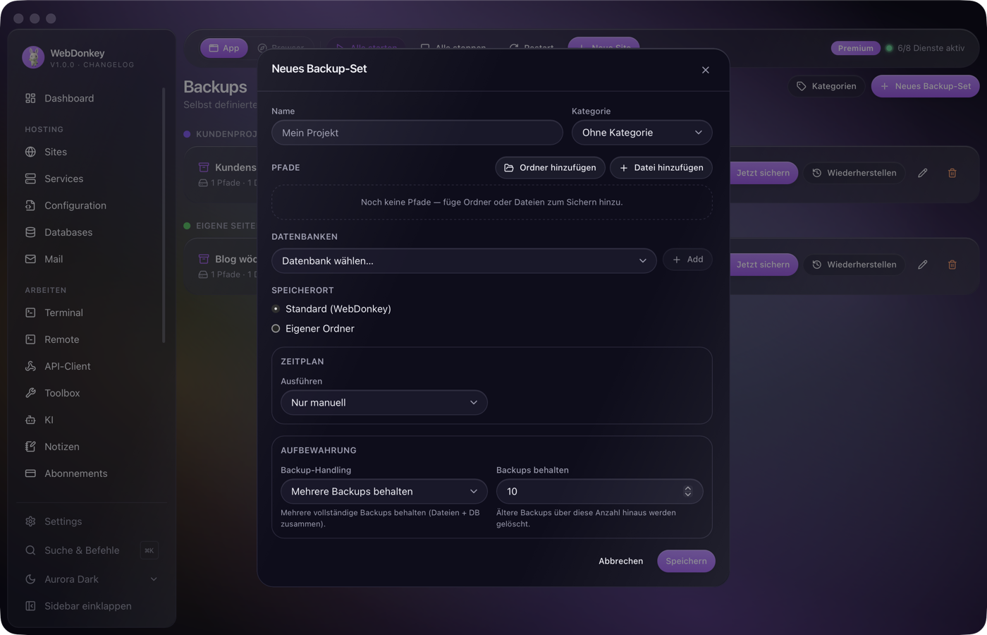 Dialog Neues Backup-Set mit Pfaden, Datenbank, Zeitplan und Aufbewahrung