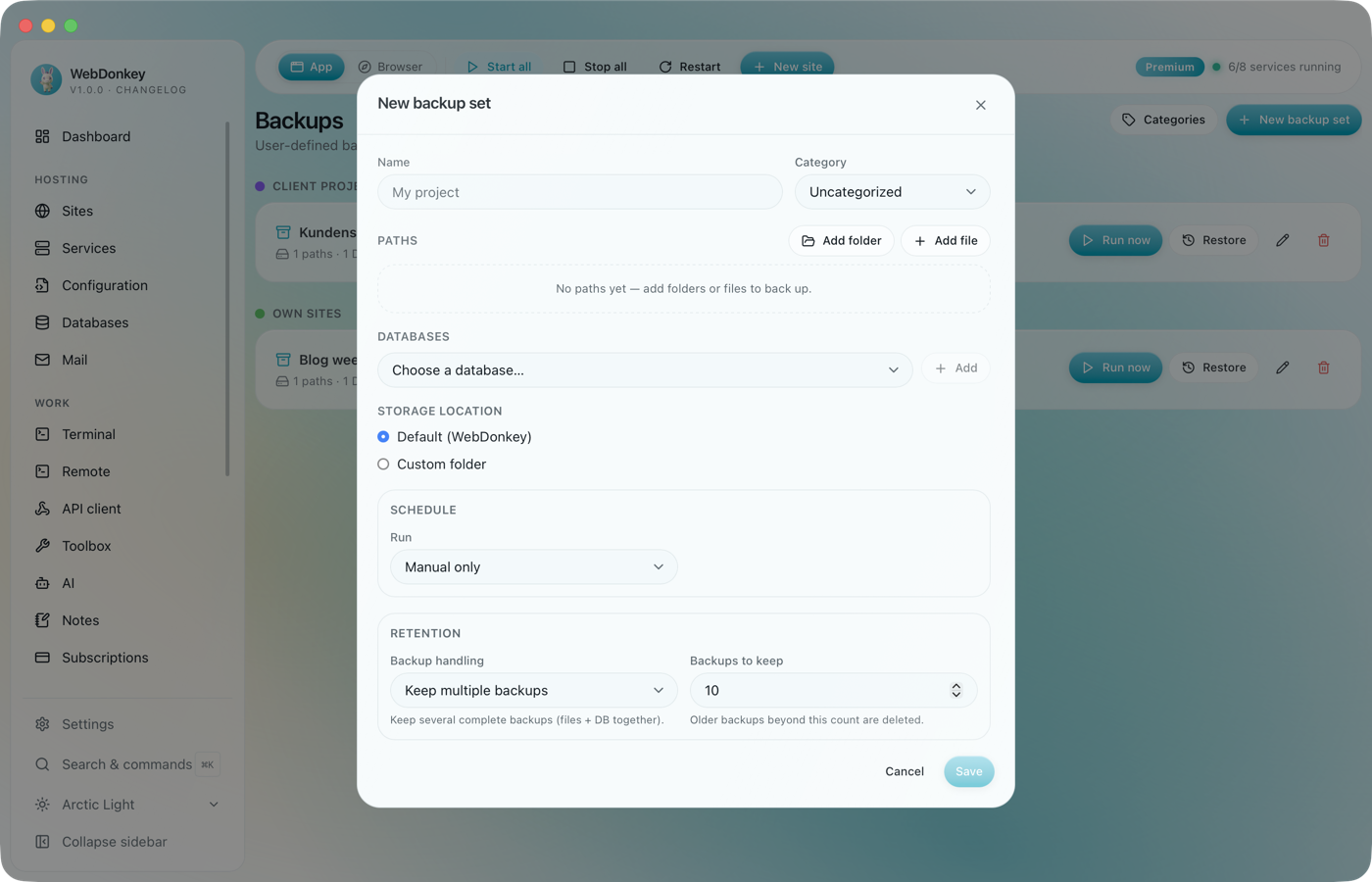 New backup set dialog with paths, database, schedule and retention