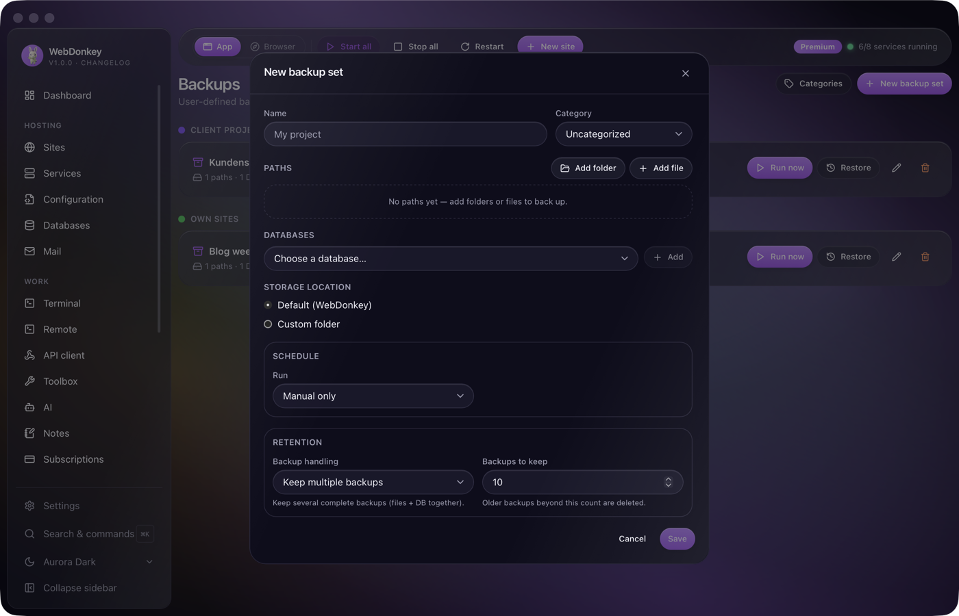 New backup set dialog with paths, database, schedule and retention