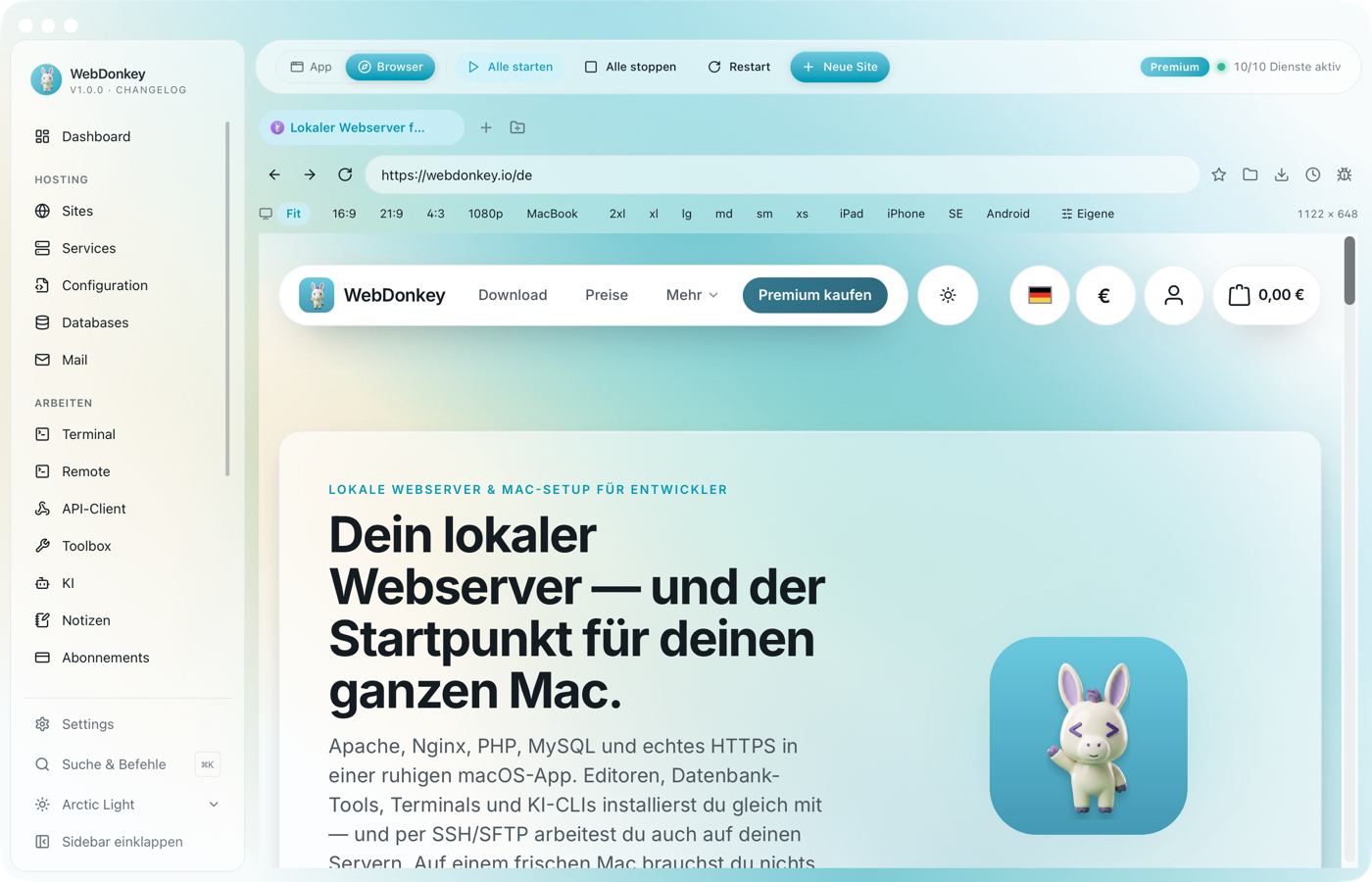 Integrierter Browser mit Tableiste, Adresszeile und einer geöffneten Website ohne Inspektor