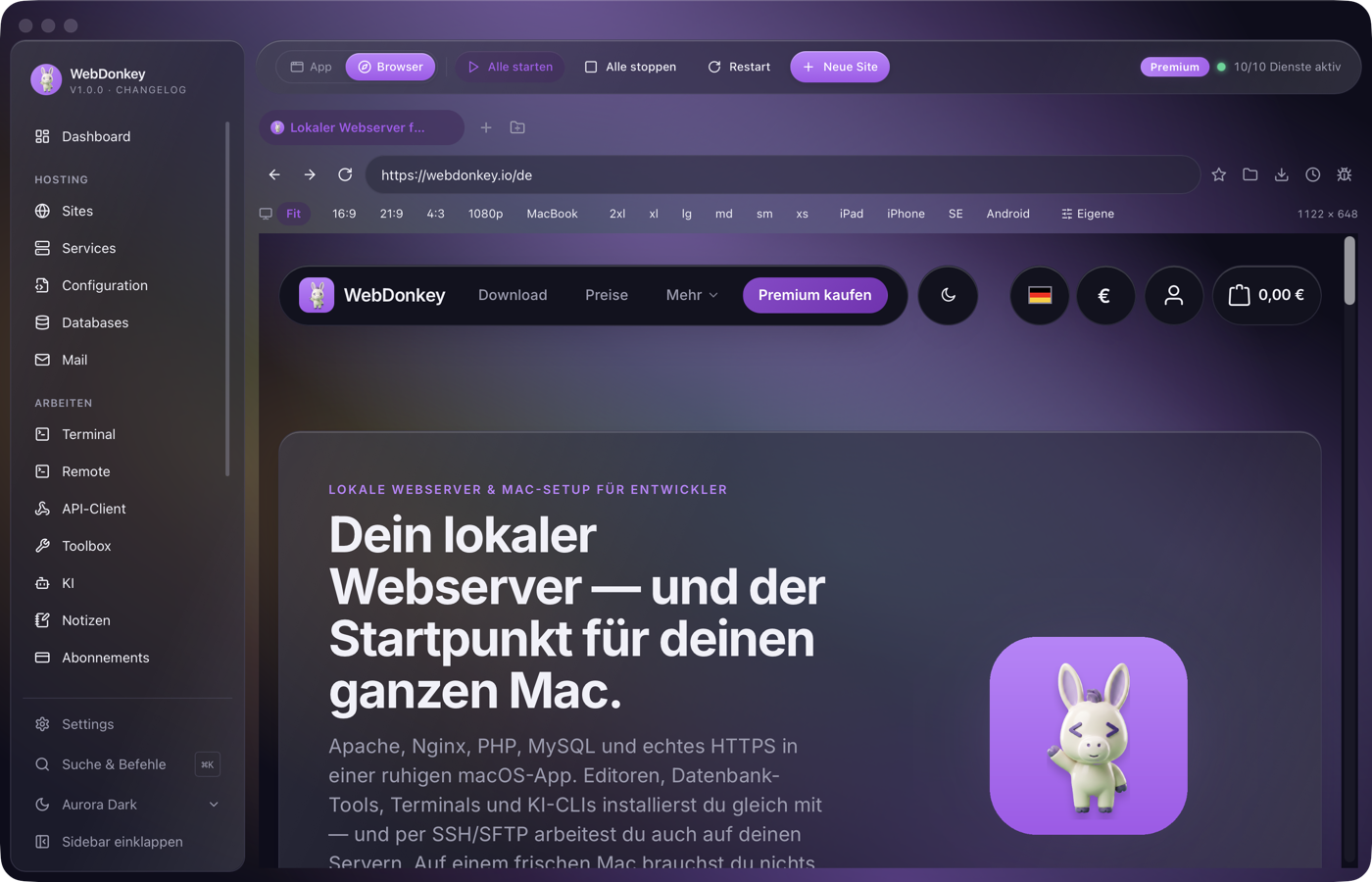 Integrierter Browser mit Tableiste, Adresszeile und einer geöffneten Website ohne Inspektor