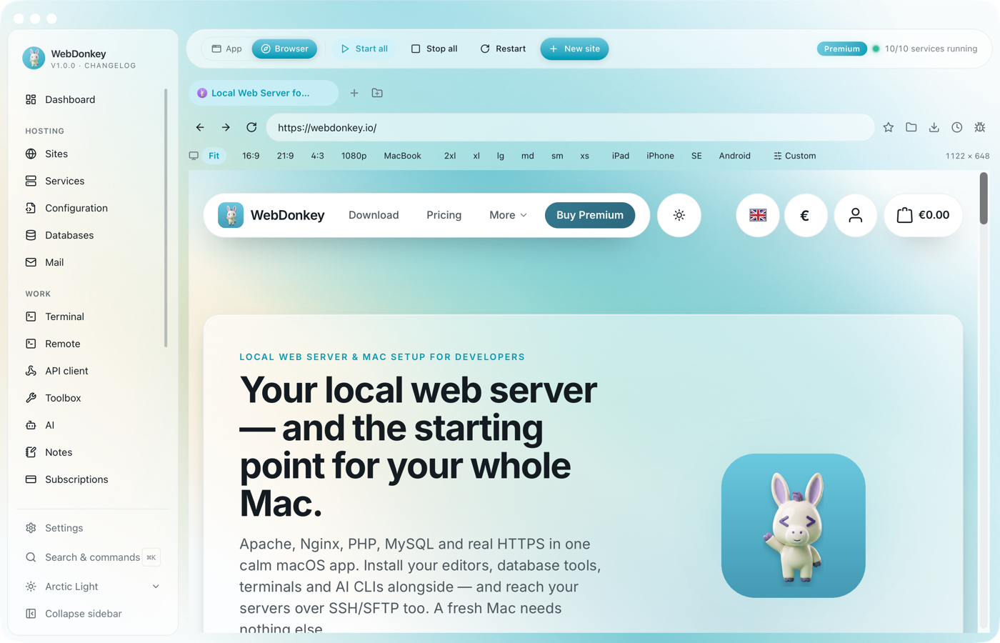 Integrated browser with tab strip, address bar and an open website without the inspector