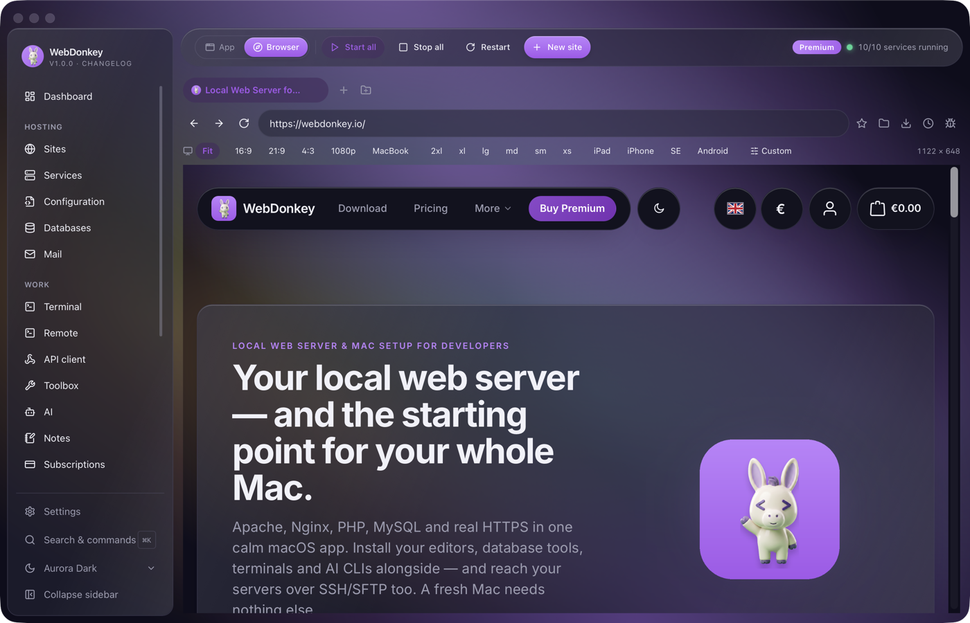 Integrated browser with tab strip, address bar and an open website without the inspector