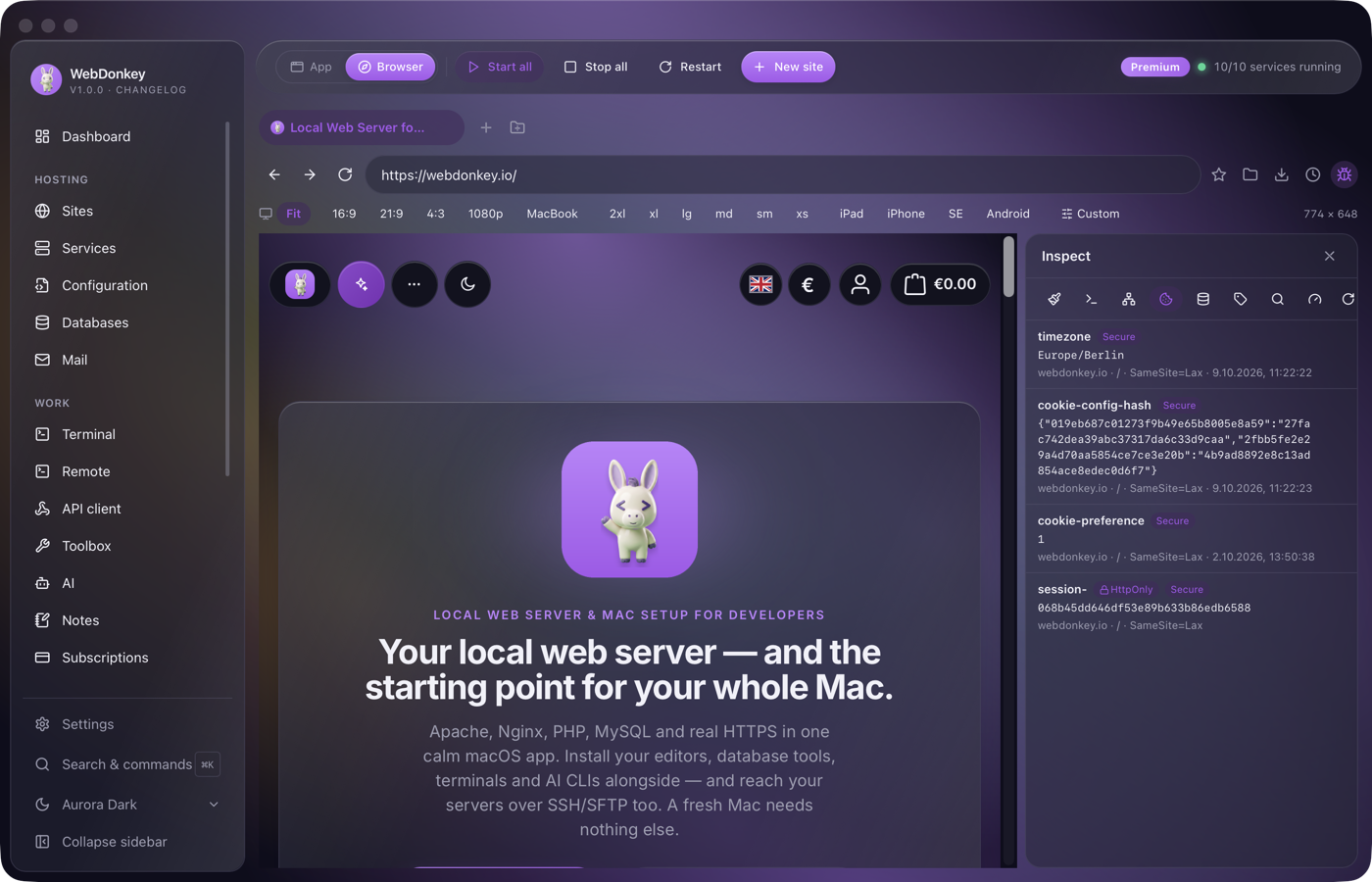 Inspector with the Cookies tab and a table of the cookies set