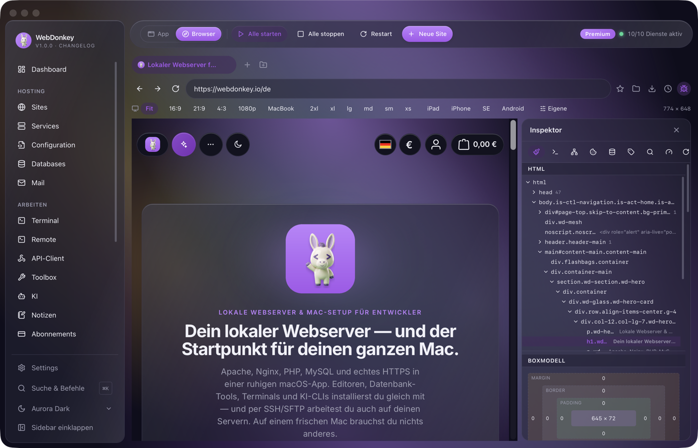 Inspektor mit Elemente-Tab, DOM-Baum und den Styles einer Überschrift