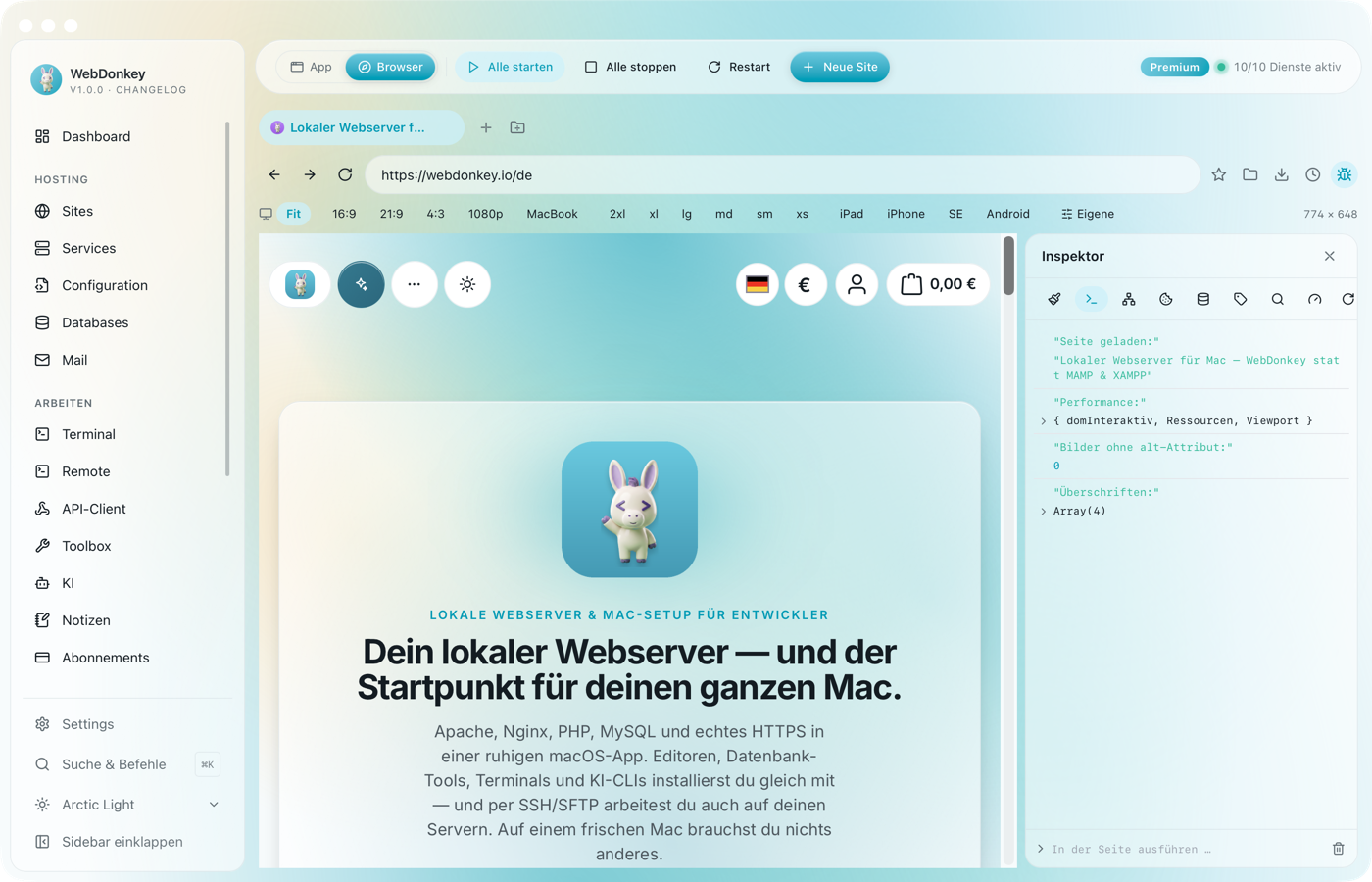 Inspektor mit Konsolen-Tab, mehrere Log-, Info- und Warnzeilen