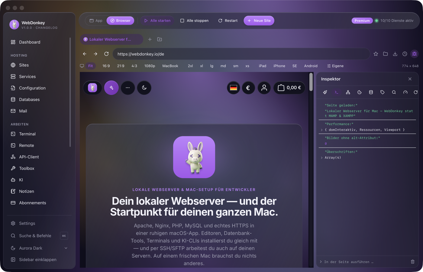 Inspektor mit Konsolen-Tab, mehrere Log-, Info- und Warnzeilen