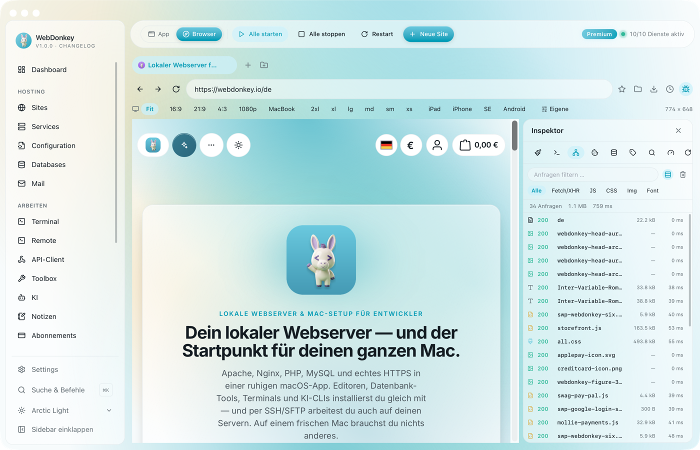 Inspektor mit Netzwerk-Tab, Liste der Anfragen mit Status, Größe und Zeit