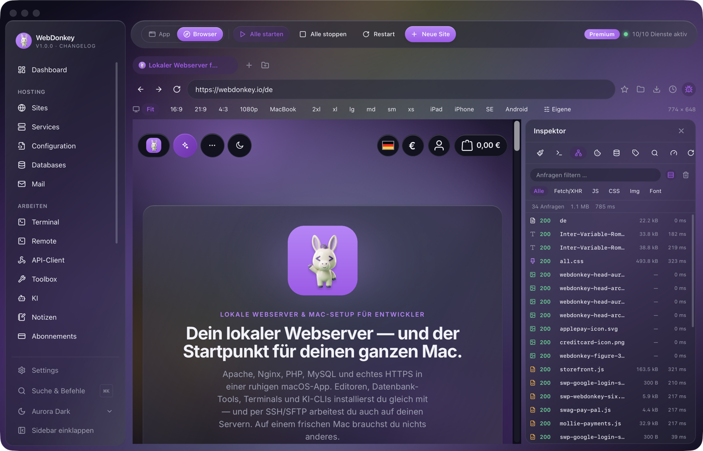 Inspektor mit Netzwerk-Tab, Liste der Anfragen mit Status, Größe und Zeit