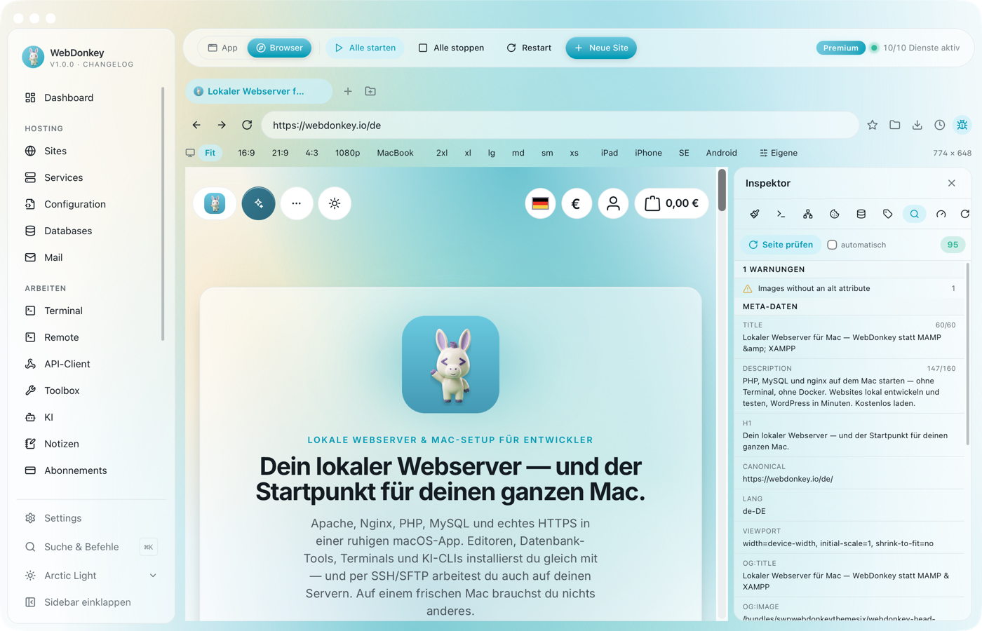 Inspektor mit SEO-Tab und den Meta-Angaben der geöffneten Seite