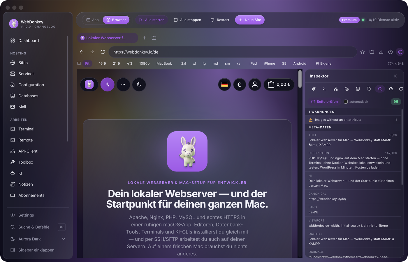 Inspektor mit SEO-Tab und den Meta-Angaben der geöffneten Seite