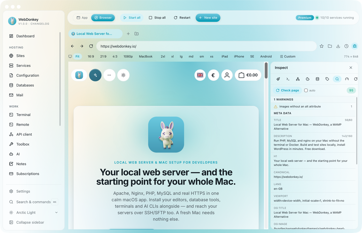 Inspector with the SEO tab and the meta data of the open page