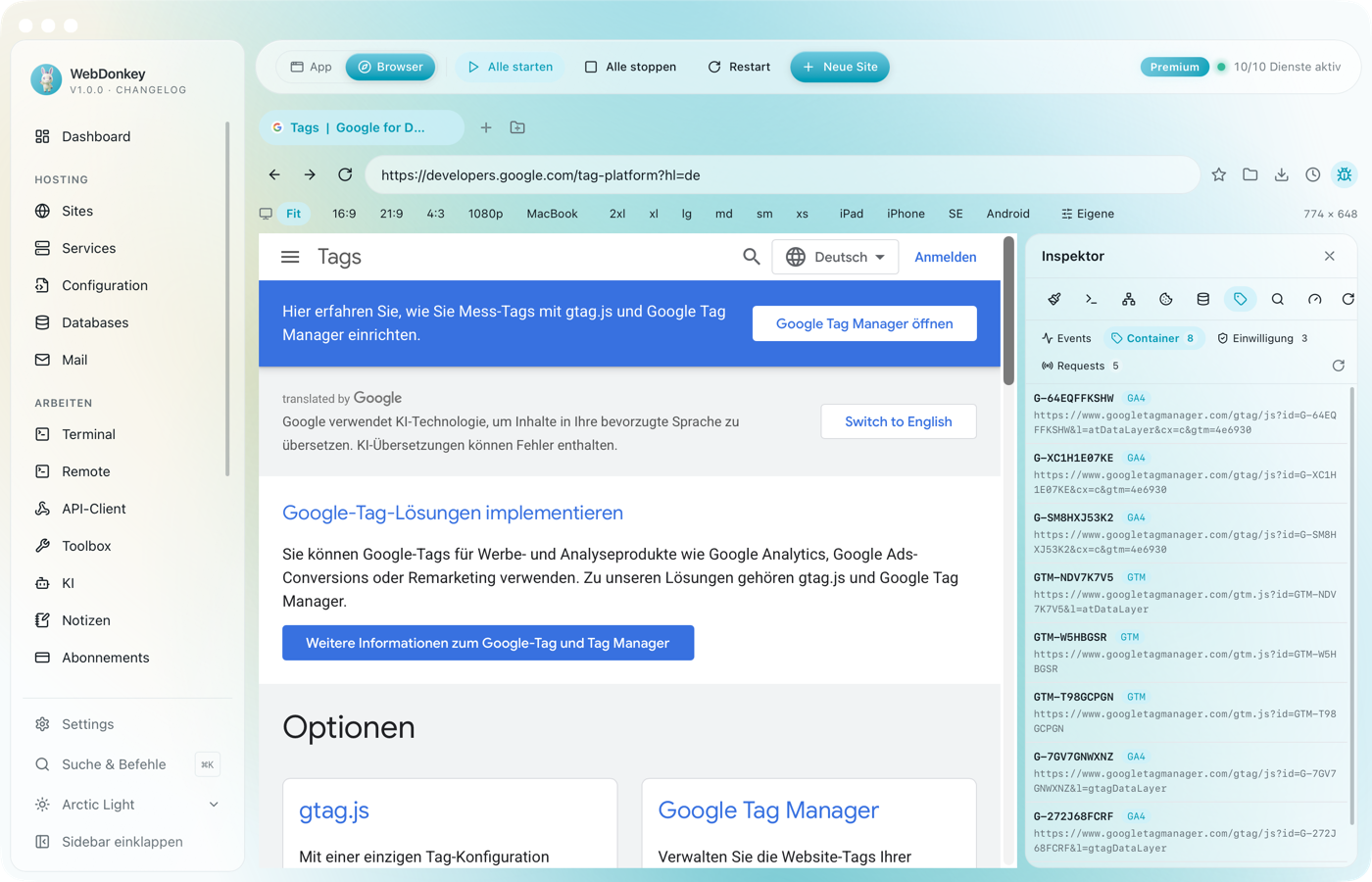 Inspektor mit Tags-Tab und einer Liste erkannter Tag-Manager-Container