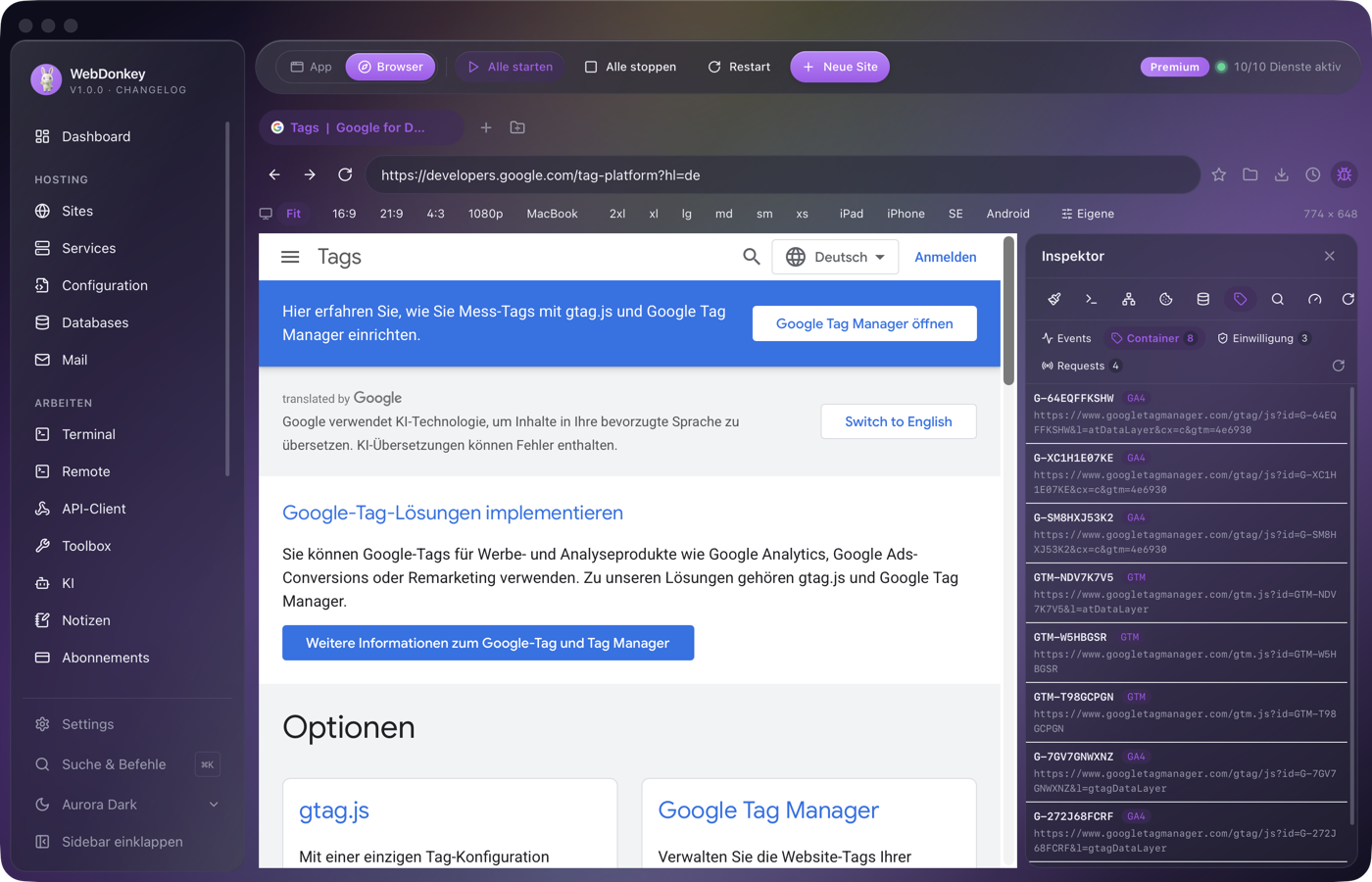 Inspektor mit Tags-Tab und einer Liste erkannter Tag-Manager-Container