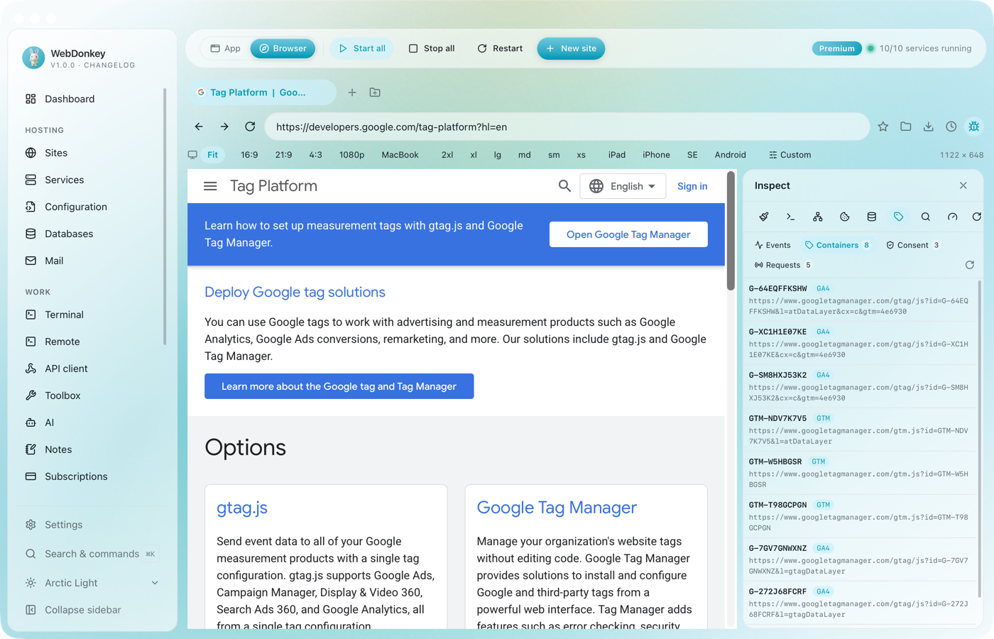 Inspector with the Tags tab and a list of detected tag manager containers