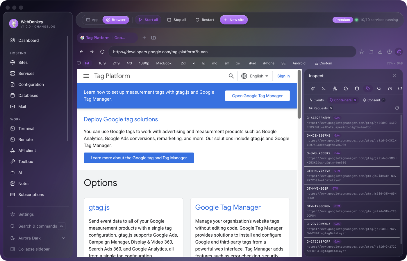 Inspector with the Tags tab and a list of detected tag manager containers