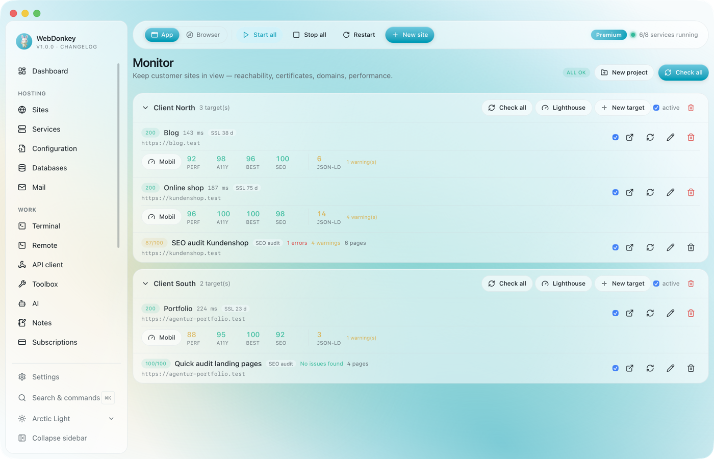 Monitor overview with two client projects and their targets, status, response time and SSL days left