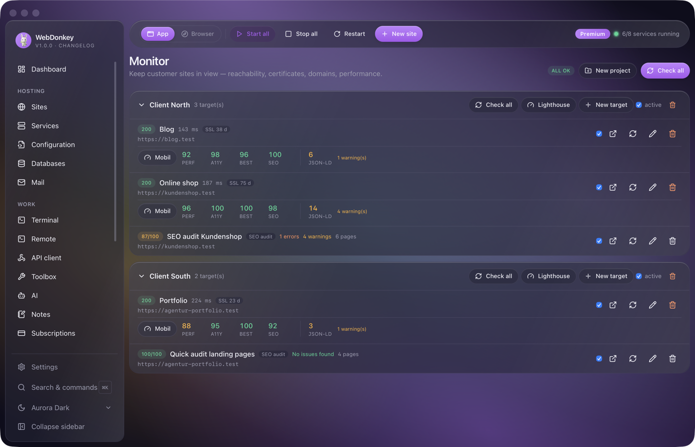 Monitor overview with two client projects and their targets, status, response time and SSL days left