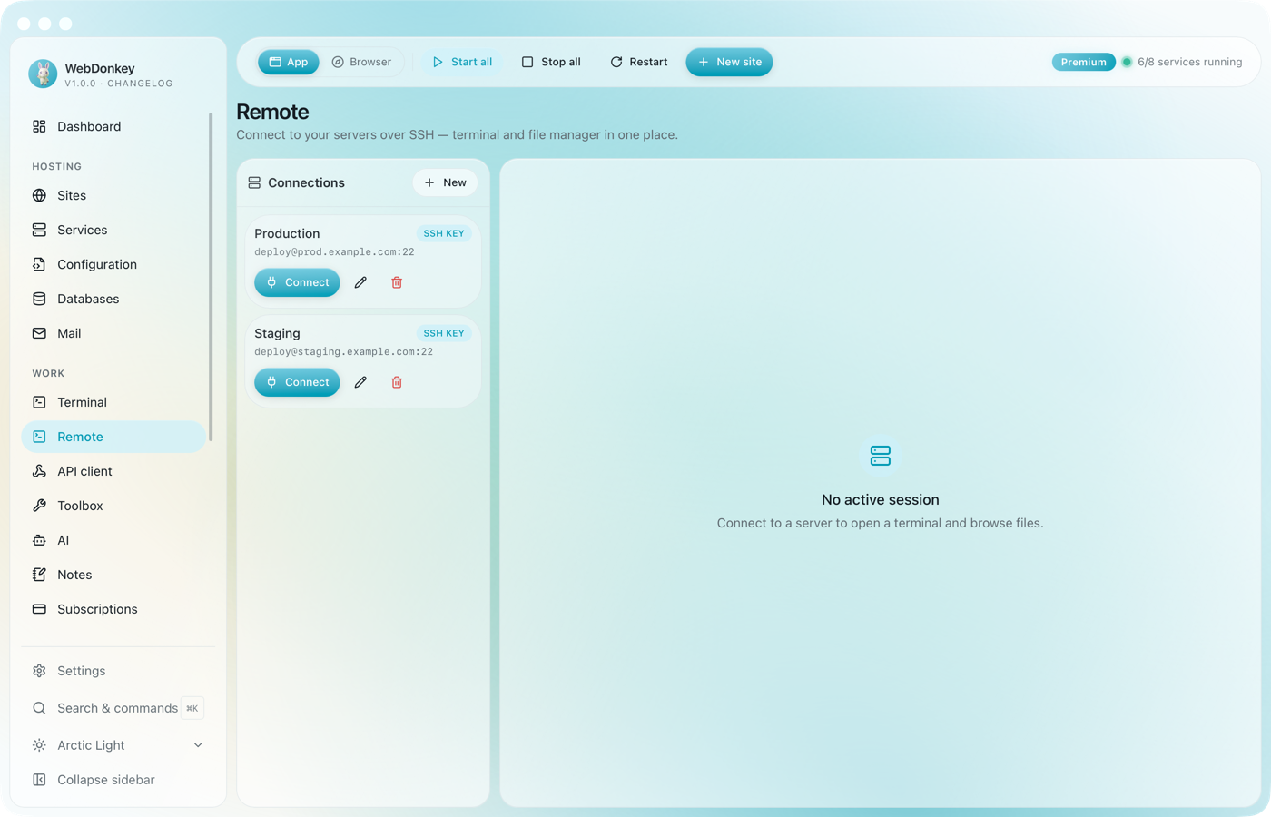 Remote page with the connection list on the left, SSH terminal at the top and a two-pane file manager with an open editor