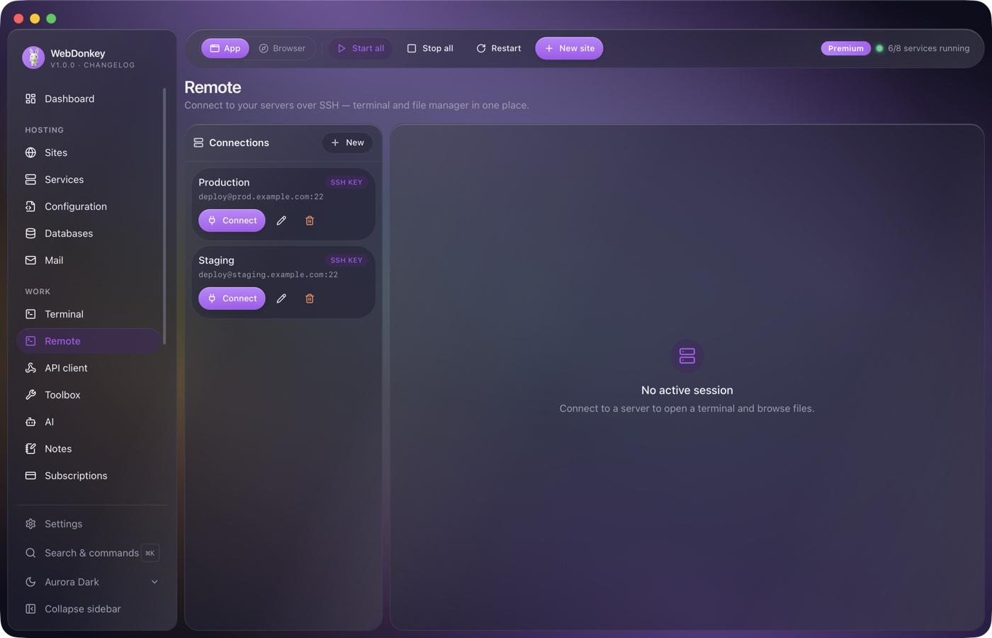 Remote page with the connection list on the left, SSH terminal at the top and a two-pane file manager with an open editor