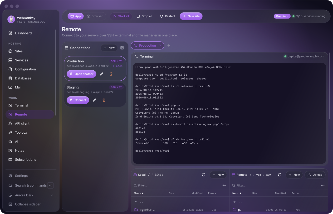 List of remote connections with names, host and authentication type