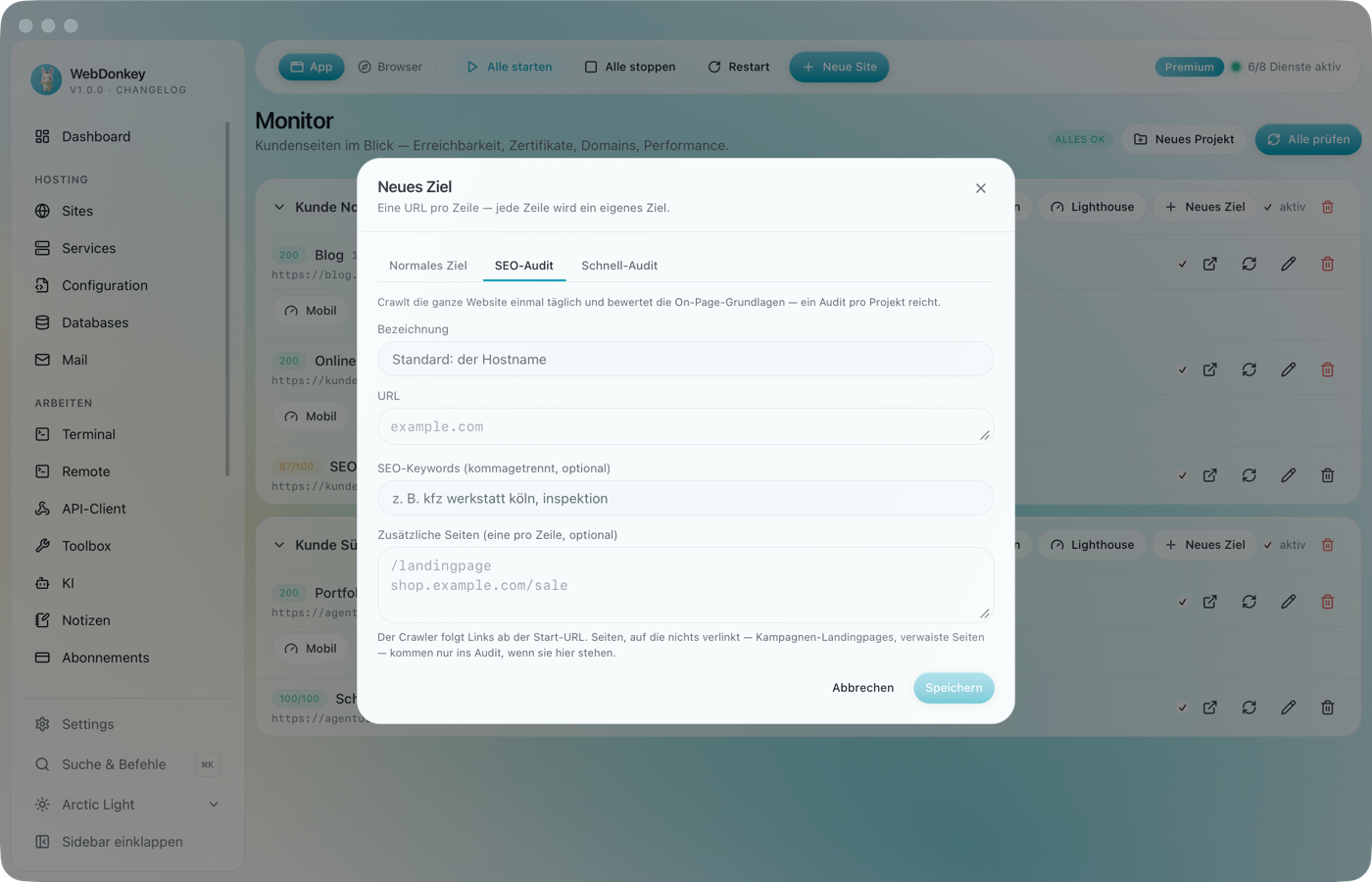 Anlege-Dialog für ein SEO-Audit mit Adresse, Keywords und Zusatzseiten