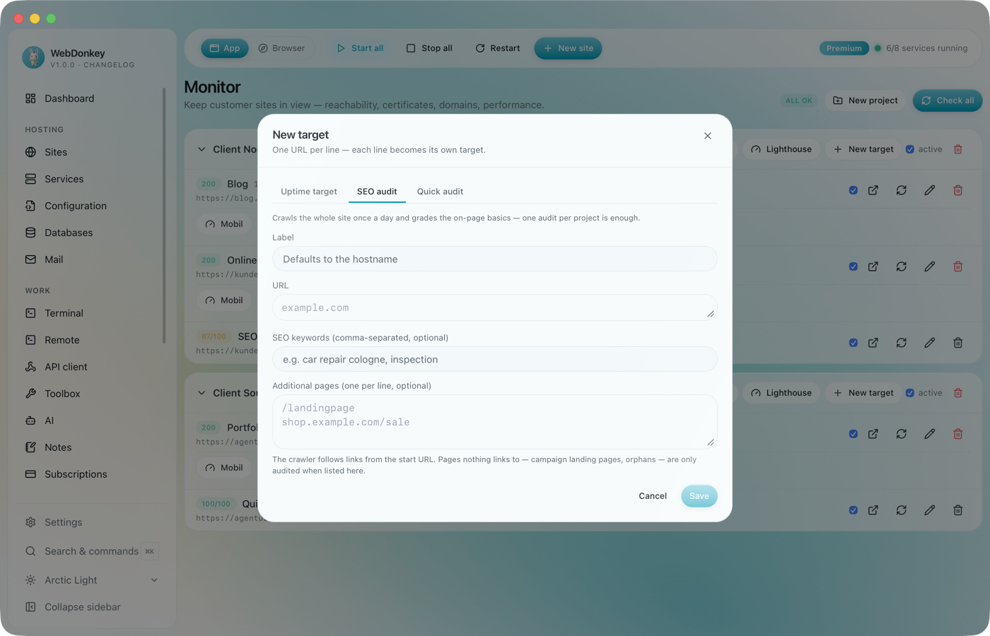 Create dialog for an SEO audit with address, keywords and extra pages