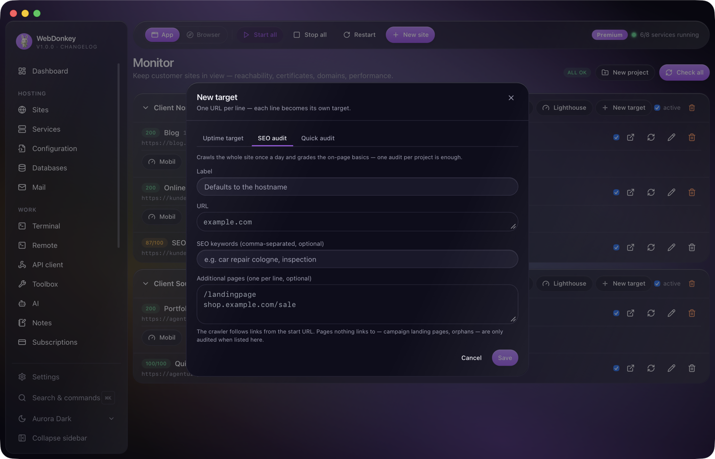 Create dialog for an SEO audit with address, keywords and extra pages