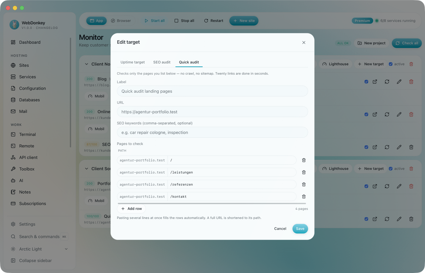 Create dialog for a quick audit with several paths entered