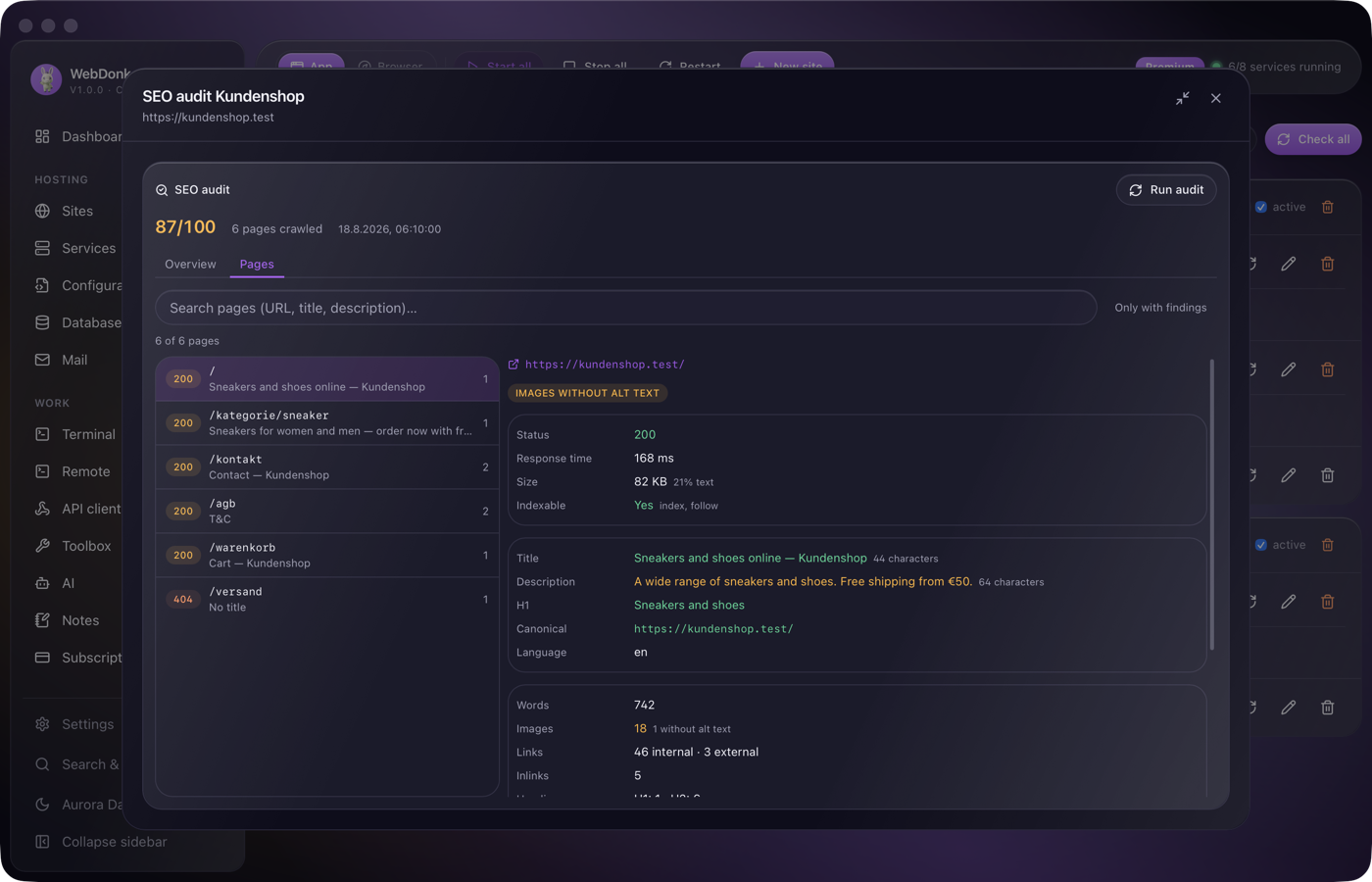 Pages tab of the SEO report with a table and the full values of a selected page