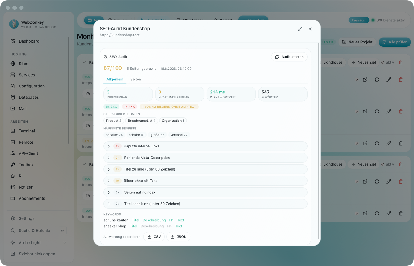 SEO-Bericht mit Score-Ring, Kennzahlen und einer Liste der Befunde nach Schwere