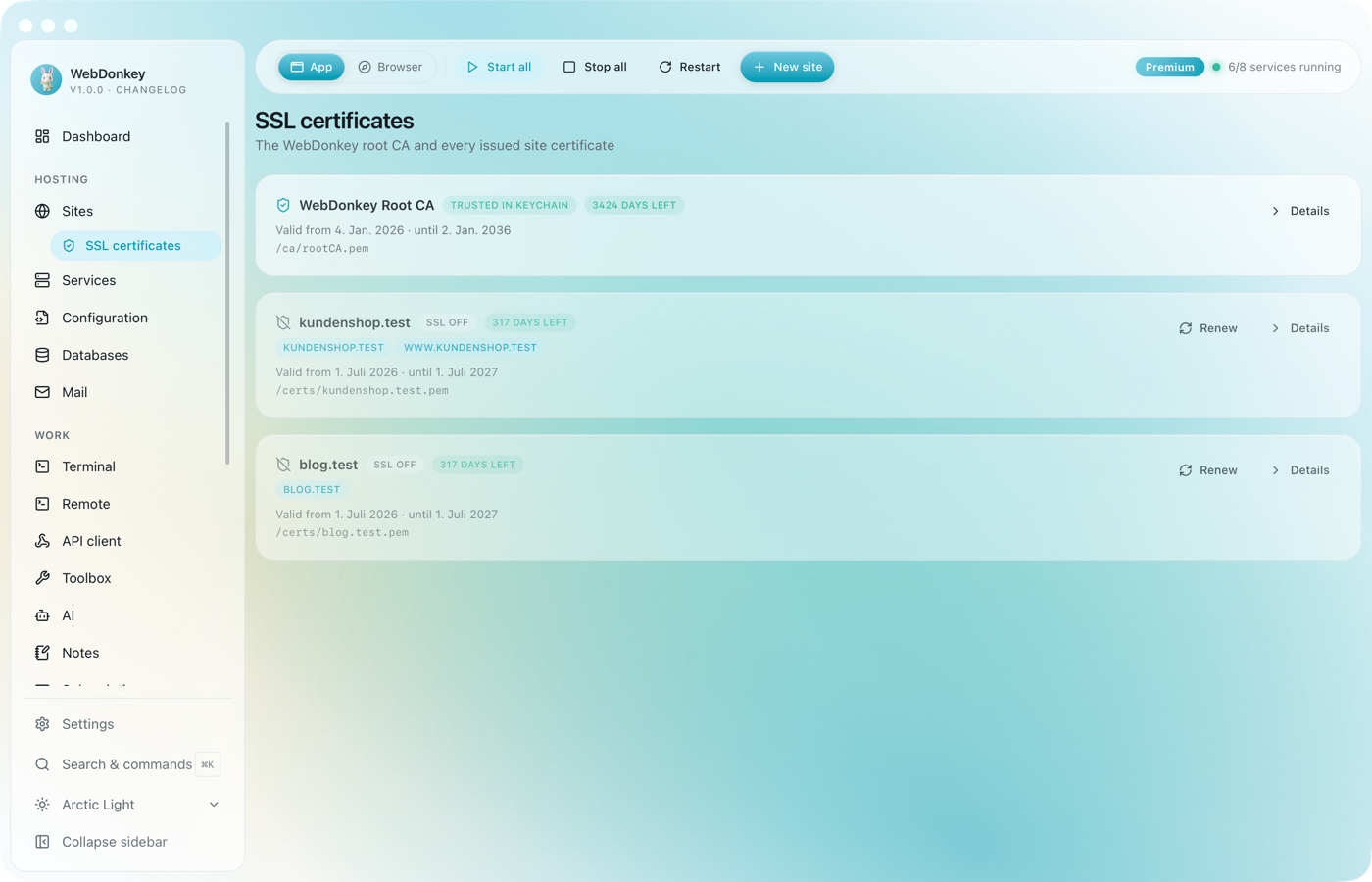 Certificates page with the local root CA and one certificate per site including days left