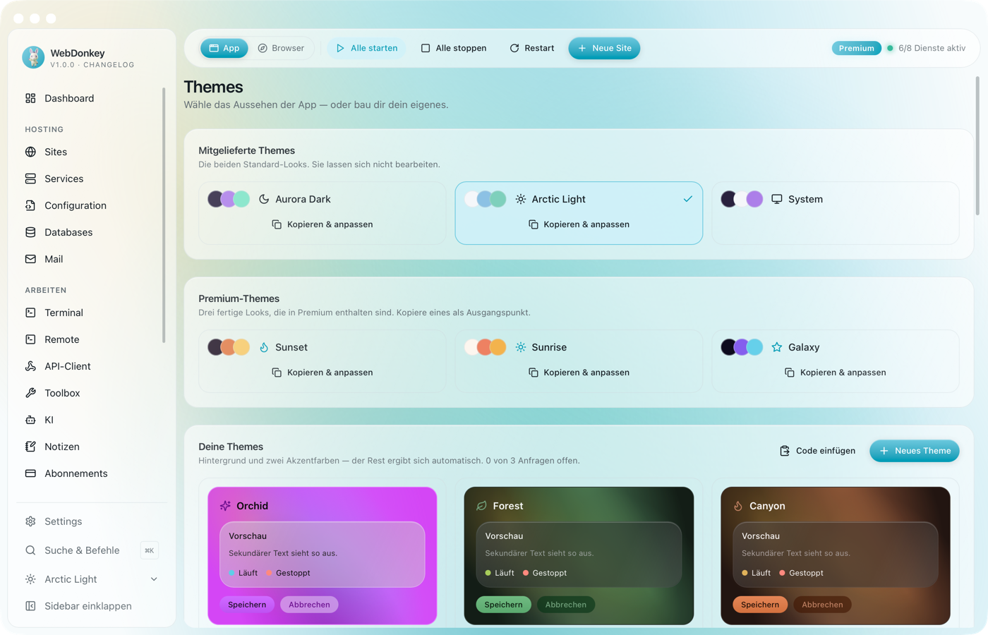 Theme-Editor mit Farbwählern für Basis, Hintergrund und Akzente sowie einer Live-Vorschau der App