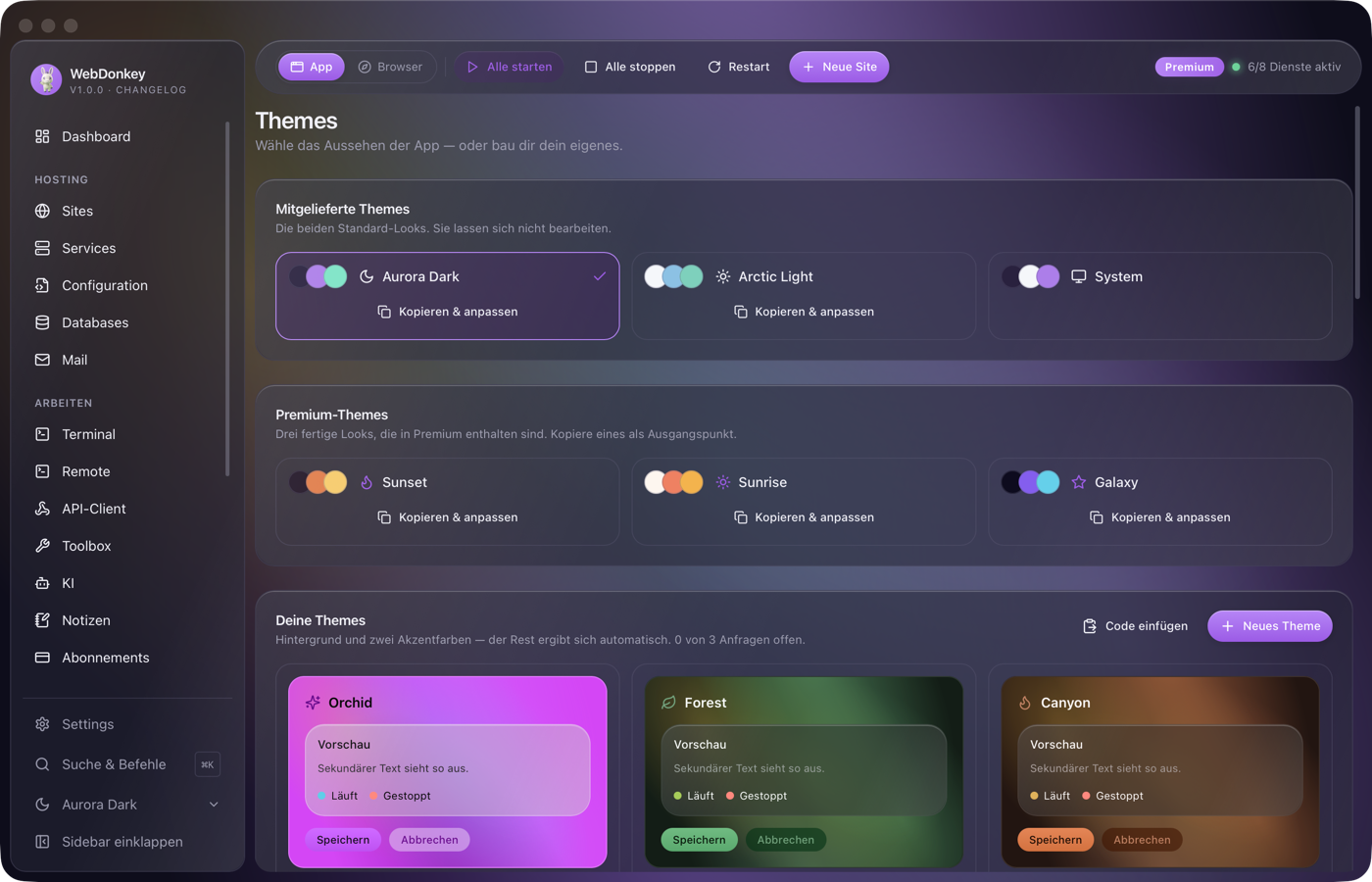 Theme-Editor mit Farbwählern für Basis, Hintergrund und Akzente sowie einer Live-Vorschau der App