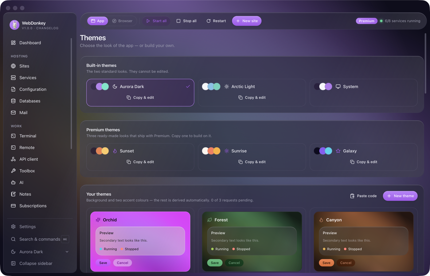 Theme editor with colour pickers for base, background and accents and a live preview of the app