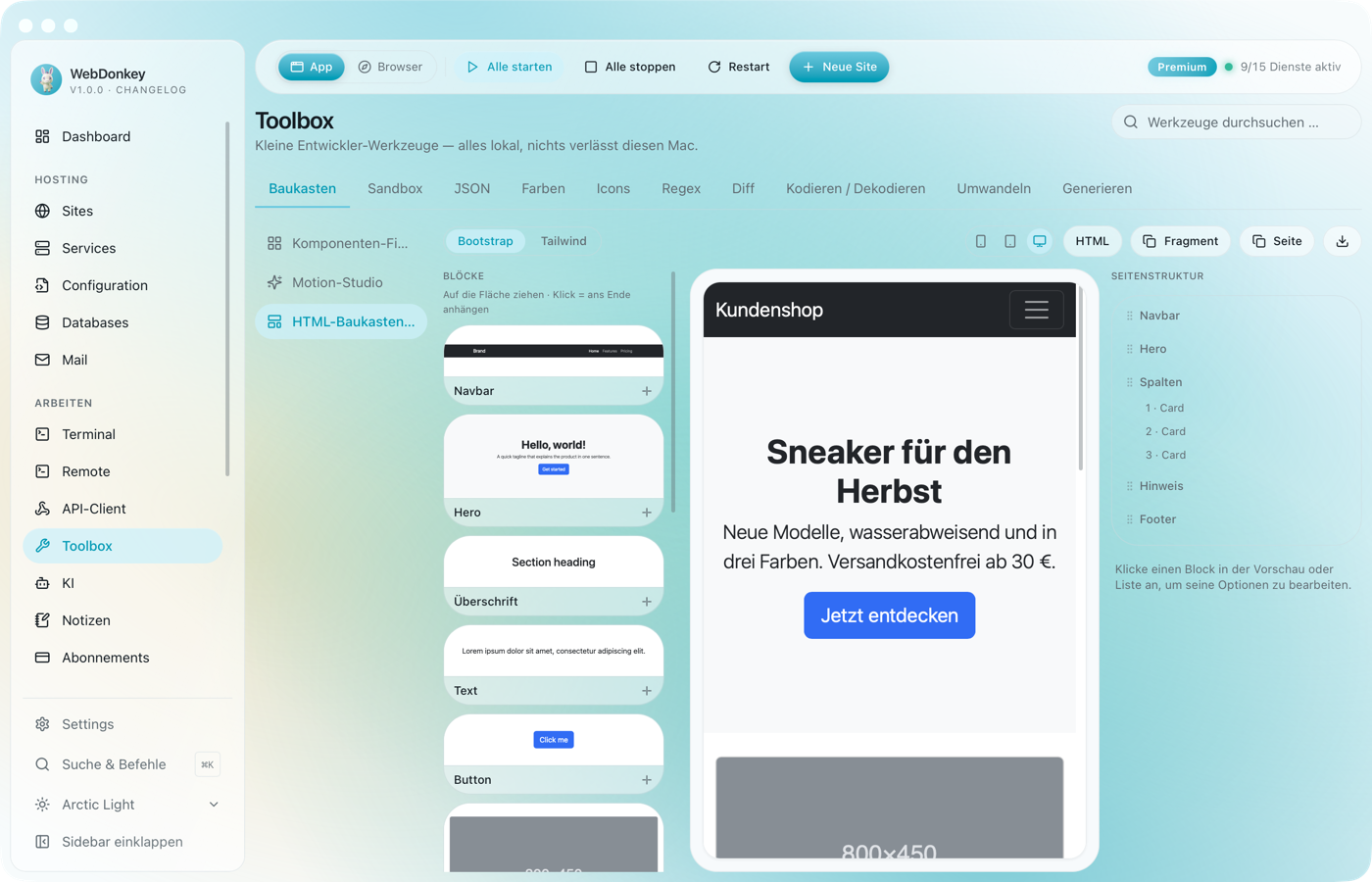 HTML-Baukasten mit Blockpalette links, Vorschau in der Mitte und Inspektor rechts