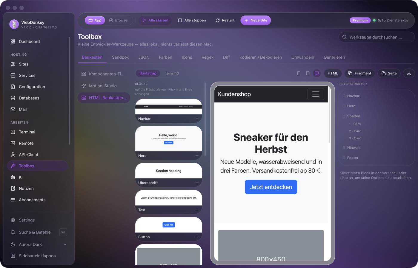 HTML-Baukasten mit Blockpalette links, Vorschau in der Mitte und Inspektor rechts