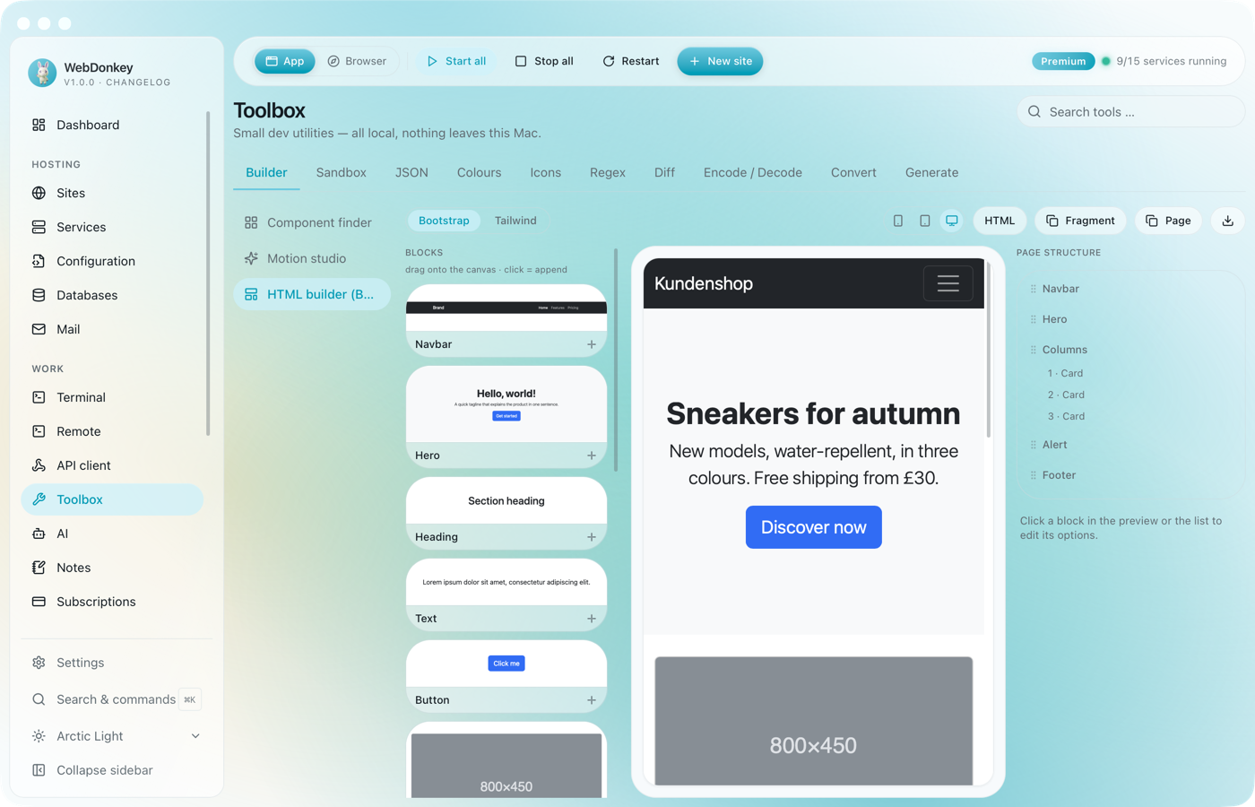 HTML builder with the block palette on the left, preview in the middle and inspector on the right